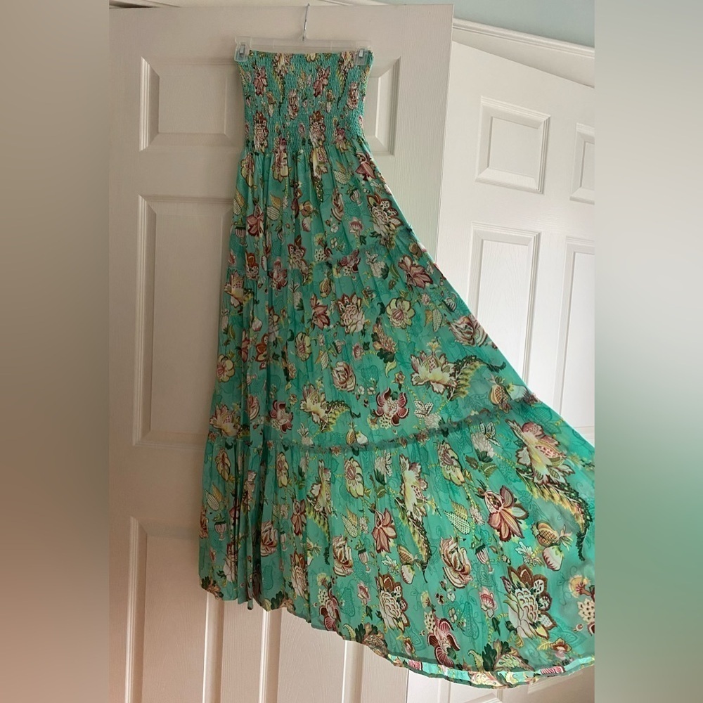 Aqua Blue Floral Smocked Top Maxi Dress Small - Picture 3 of 11